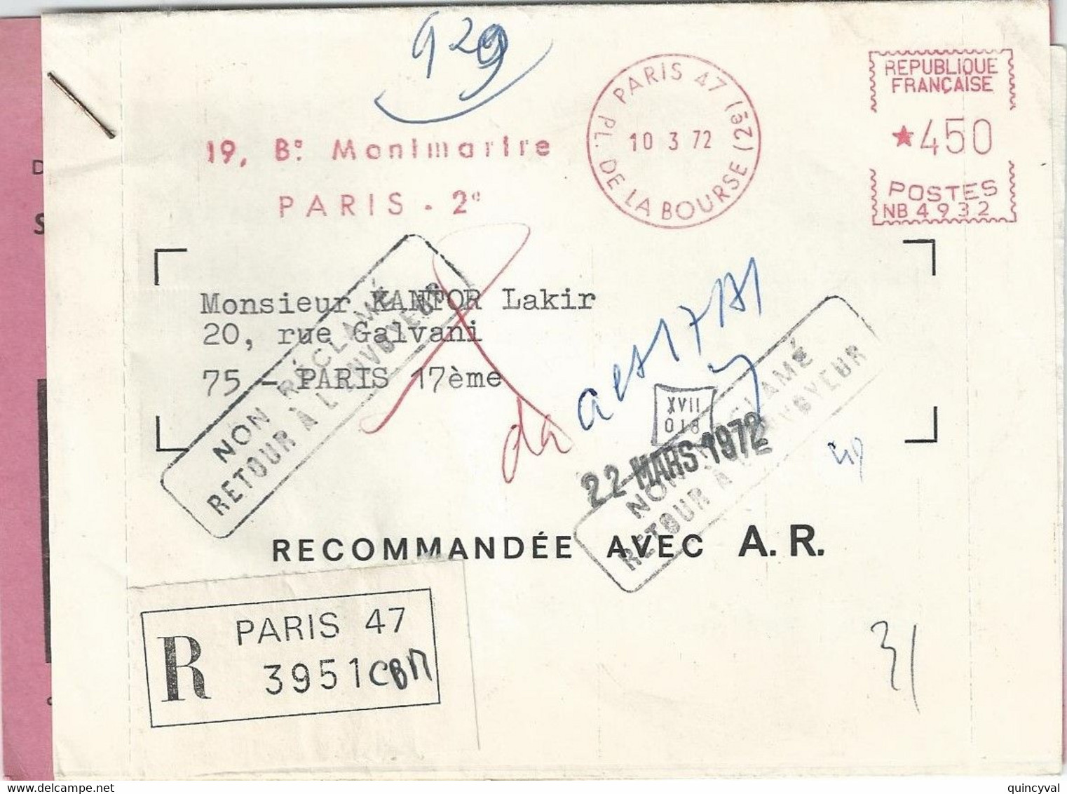 2876 PARIS 47 Lettre Recommandée 1972 Avec Avis De Réception AR Griffe Non Reclamé Retour à L'Envoyeur EMA NB 4,50 F - EMA (Empreintes Machines à Affranchir)