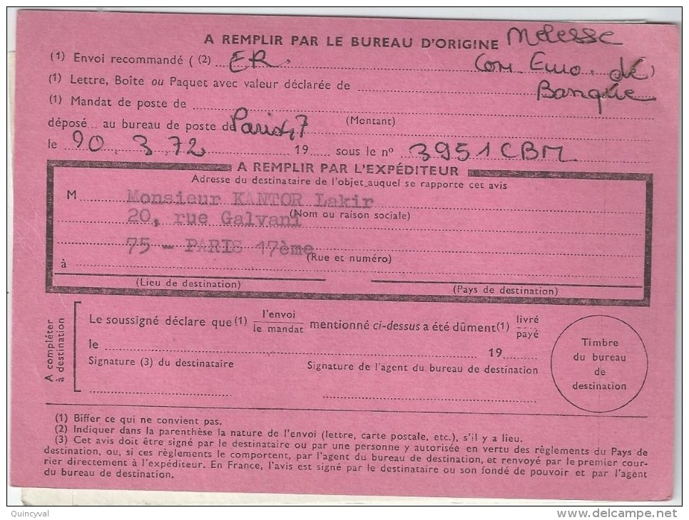 2876 PARIS 47 Lettre Recommandée 1972 Avec Avis De Réception AR Griffe Non Reclamé Retour à L'Envoyeur EMA NB 4,50 F - Freistempel