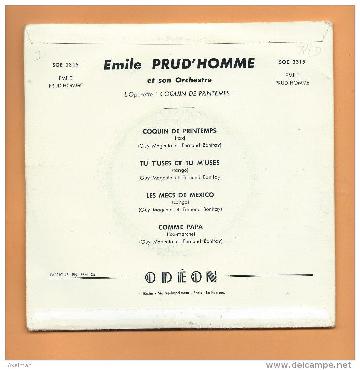 45 T ODEON: Accordéon Emile Prud'Homme Operette,  " Coquin De Printemps " - Oper & Operette