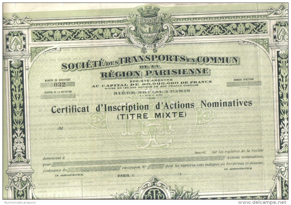 SOCIETE DES TRANSPORTS EN COMMUN REGION PARISIEENE CERTIFICAT D'ACTION NOMINATIVES Cod.doc.074 - Transport