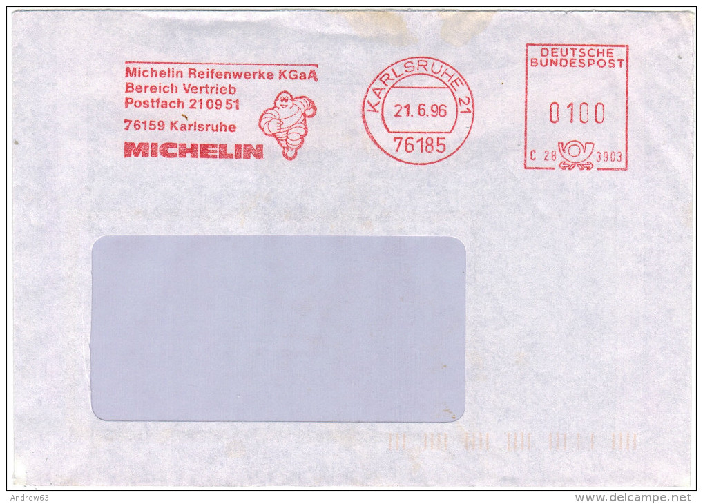 GERMANIA - GERMANY - Deutschland - ALLEMAGNE - 1996 - EMA - Red Cancel - Michelin - Viaggiata Da Karlsruhe 21 - Maschinenstempel (EMA)