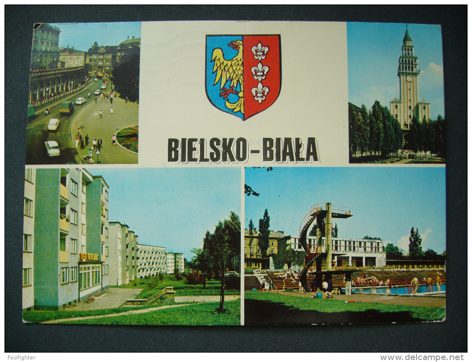 Poland: BIELSKO-BIALA - Ulica Zamkowa. Kosciol Sw. Mikolaja. Osiedle Mieszkaniowe. Basen Plywacki - Posted 1975 - Polonia