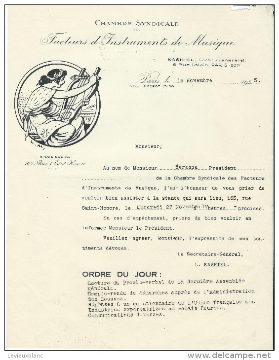 Lettre/Fabrique D´instruments De Musique/Chambre Syndicale/Réunion A G / Paris/1935  PART141 - Autres & Non Classés