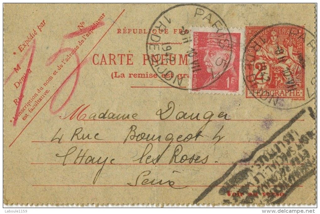 ENTIER POSTAL CARTE LETTRE PNEUMATIQUE TELEGRAPHE 2F + Pétain 1F Cachet Recommandé L'Hay Les Roses Paris  - 3 Scans - Pneumatische Post