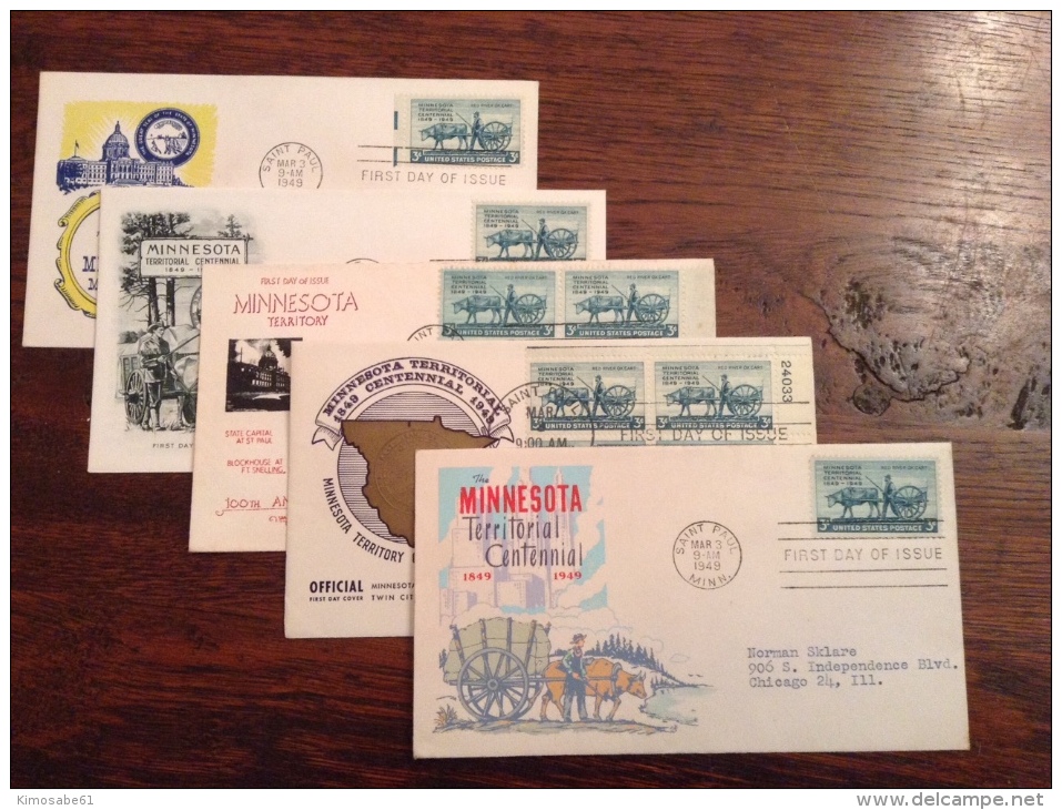 US 1949 FDCs (x5) - 100th Anniversary Of Minnesota Territory Covers - Sonstige & Ohne Zuordnung