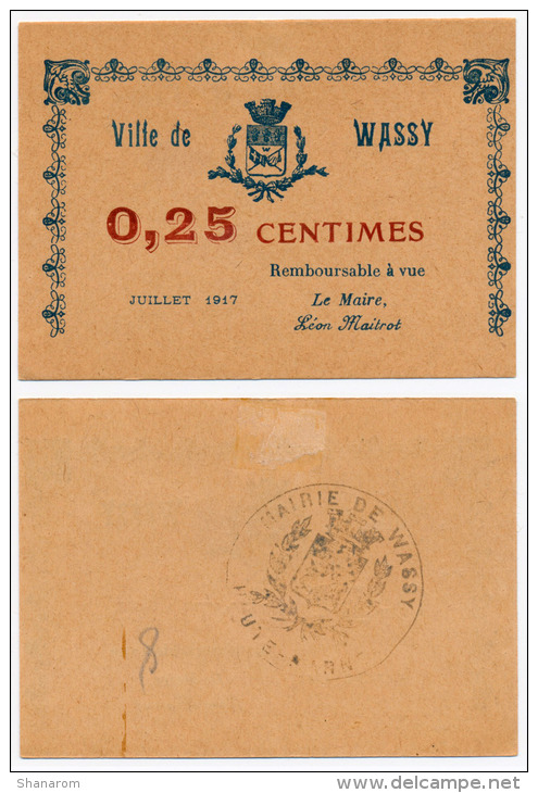 1914 - 1920 // Wassy // 25 Centimes - Bons & Nécessité