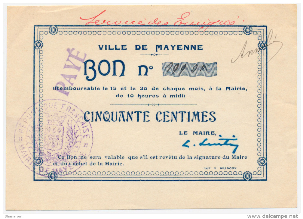1914 - 1920 // Mayenne // 50 Centimes - Bons & Nécessité