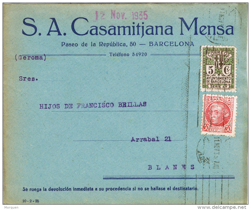 11211. Carta Comercial BARCELONA 1935.  Recargo Exposicion - Barcelona