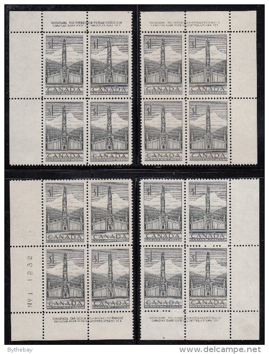 Canada MNH Scott #321 $1 Totem Pole - Plate No. 1 Matching Set Of Corner Blocks - Num. Planches & Inscriptions Marge