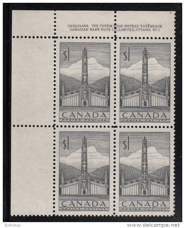 Canada MNH Scott #321 $1 Totem Pole - Plate No. 1, Upper Left - Num. Planches & Inscriptions Marge