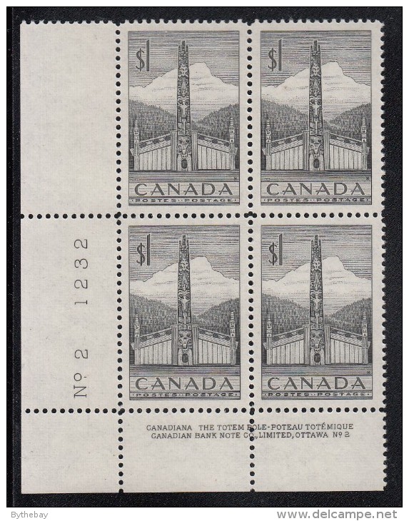 Canada MNH Scott #321 $1 Totem Pole - Plate No. 2, Lower Left - Num. Planches & Inscriptions Marge