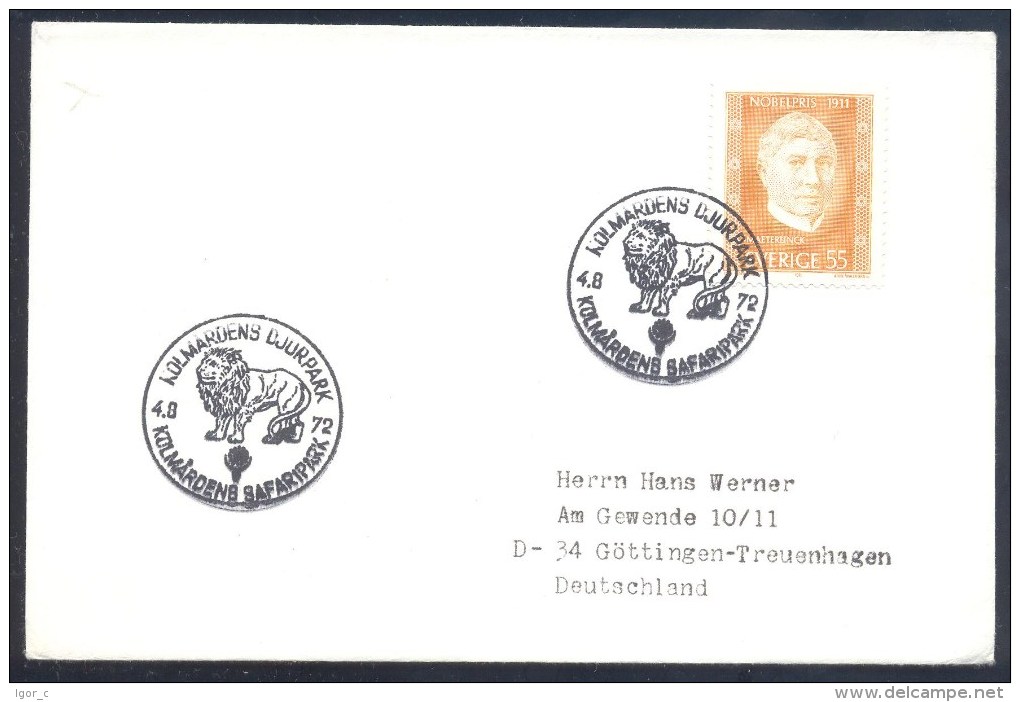 Sweden Suede 1972 Cancellation: Fauna Lion Löwe (Panthera Leo); Kolmardens Djurpark Safaripark - Raubkatzen