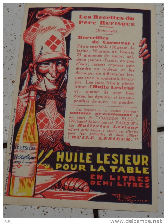 @  ANCIENNE PUB PUBLICITE HUILE LESIEUR ANNEE 1924 AVEC UNE RECETTE CUISINE - Sonstige & Ohne Zuordnung