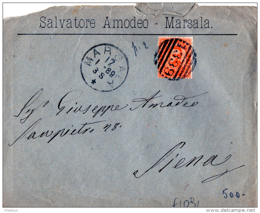 BUSTA POSTALE PUBBLICITARIA-MARSALA-DITTA SALVATORE AMODEO-17-1-1889-ANNULLO A BARRE "1339" - Marcophilie