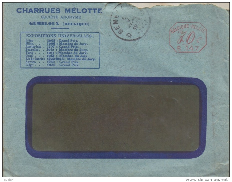 1931 : Gelopen Briefomslag Met Briefhoofd/Pli Voyagé Avec En-tête ## CHARRUES MÉLOTTE – GEMBLOUX ##:LANDBOUW,AGRICULTURE - Agricultura