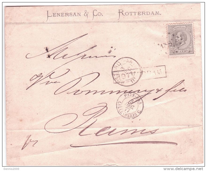 1877- Cover Fr. E P 12 1/2 Cent. Oblit. Chiffre 138 From ROTTERDAM Station + PAYS-BAS LILLE-PARIS C Black To Reims - Covers & Documents