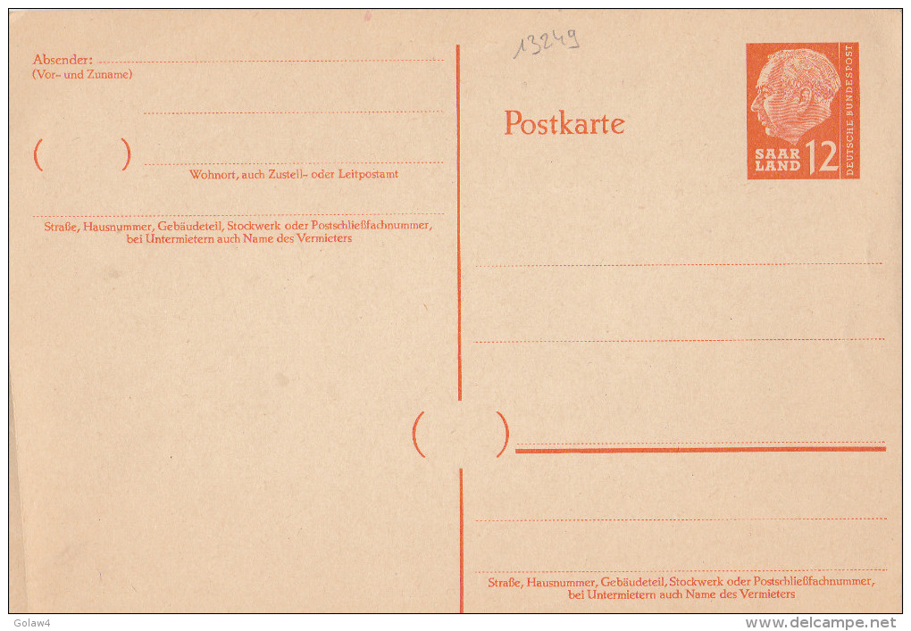 13249# SARRE ENTIER POSTAL POSTKARTE 12 FRANCS ORANGE SAARLAND SAAR - Entiers Postaux