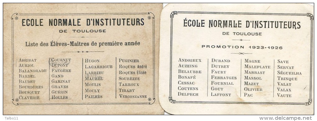 2 Petits Cartons (7/10 Cm) - Promotions De L’école Normale Instituteur De Toulouse 1923 1926 - Non Classés