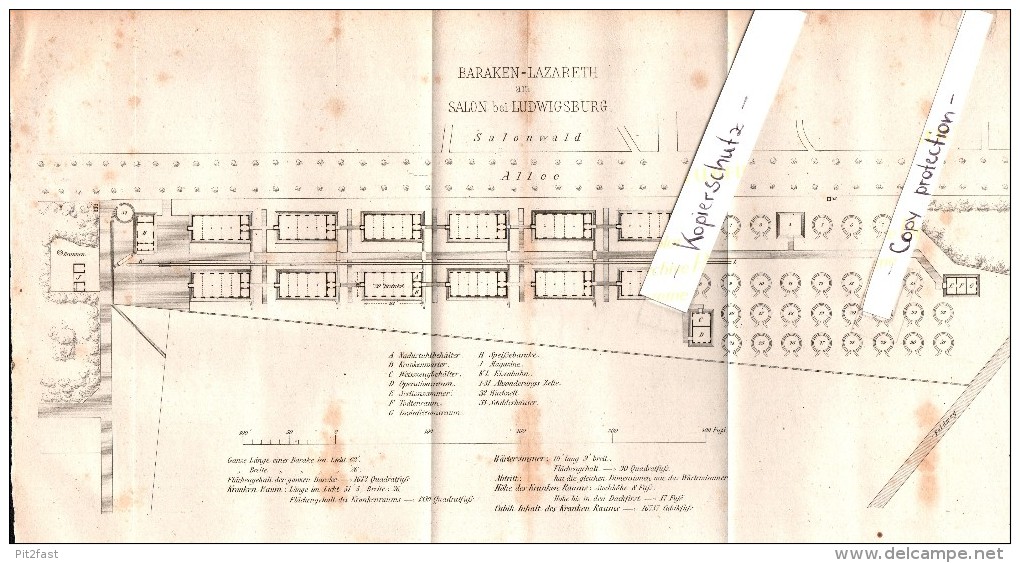 Baracken-Lazarett Am Salon B. Ludwigsburg , 1870 , Sehr Seltener Faltplan , Krankenhaus , Klinik , Arzt !!! - Historische Documenten