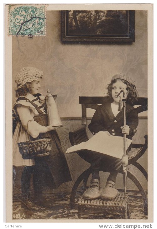 Carte Photo,enfant Fumant La Pipe,rare,1900,trés Belle Carte,enfants Qui Veulent Imiter Les Parents,rare - Other & Unclassified