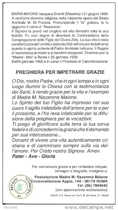 S.D.D. MADRE M. NAZARENA MAIONE  -  CON RELIQUIA - Mm. 68X118  - M - PR - Godsdienst & Esoterisme