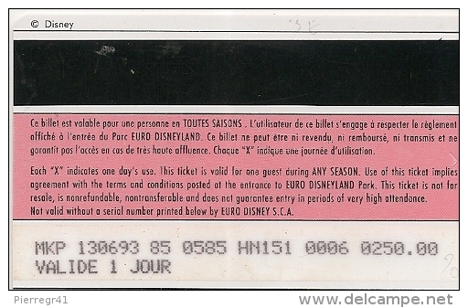 PASS-EURODISNEYLAND-PT SIRENE-V° VGE SE  00070-VALIDE 1 JOUR- TB E - Disney-Pässe