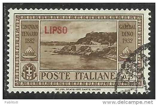 COLONIE ITALIANE: EGEO 1932 LIPSO GARIBALDI LIRE 1,75 + CENT. 25 USATO USED OBLITERE´ - Egée (Lipso)