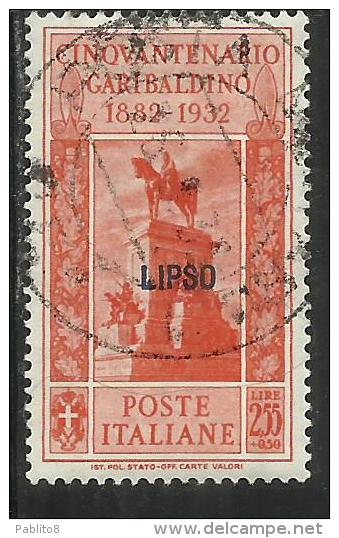 COLONIE ITALIANE: EGEO 1932 LIPSO GARIBALDI LIRE 2,55 + CENT. 50 USATO USED OBLITERE´ - Aegean (Lipso)