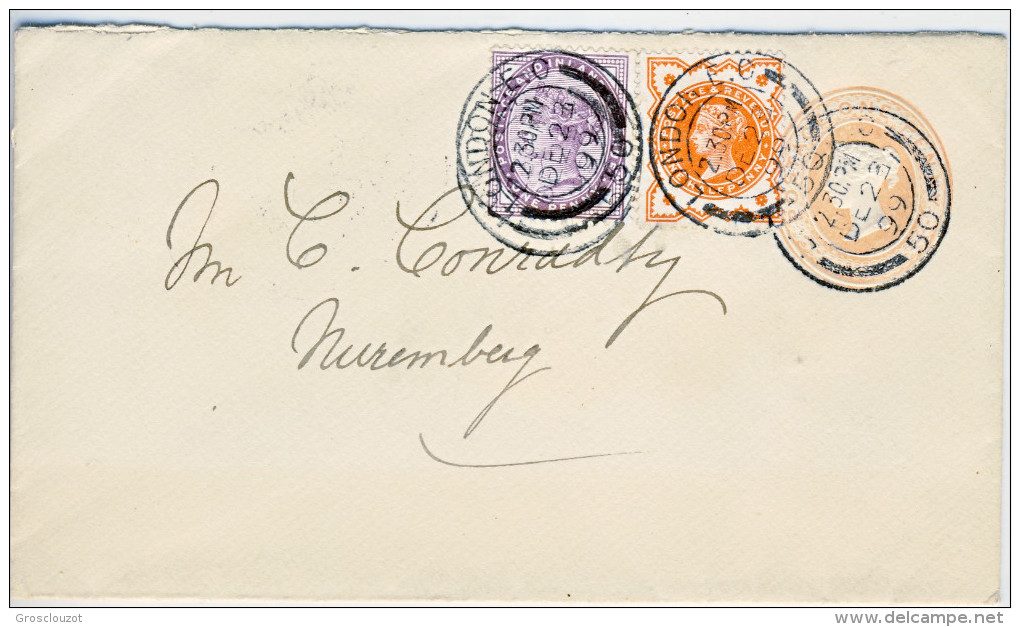 Uk 1899 Stationary Cover Londra >Norimberga, Penny 1 Rosa + Penny 1 Violettto (n. 73) + Mezzo Penny Rosso (n. 91). BELLO - Storia Postale