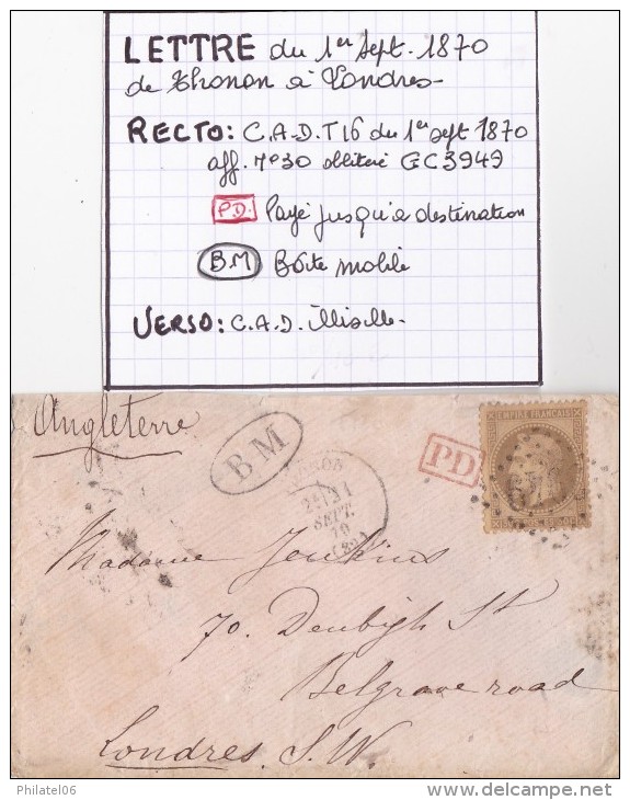 LETTRE DE THONON  1870 BOITE MOBILE  POUR L'ANGLETERRE - 1849-1876: Période Classique