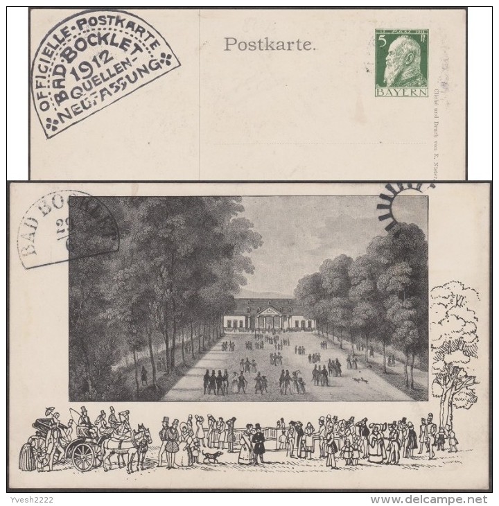 Bavière 1912. Carte Entier TSC. Officielle-postkarte Bad-Bocklet 1912, Quelle, Neufassung. Chevaux, Chiens, Thermalisme - Bäderwesen