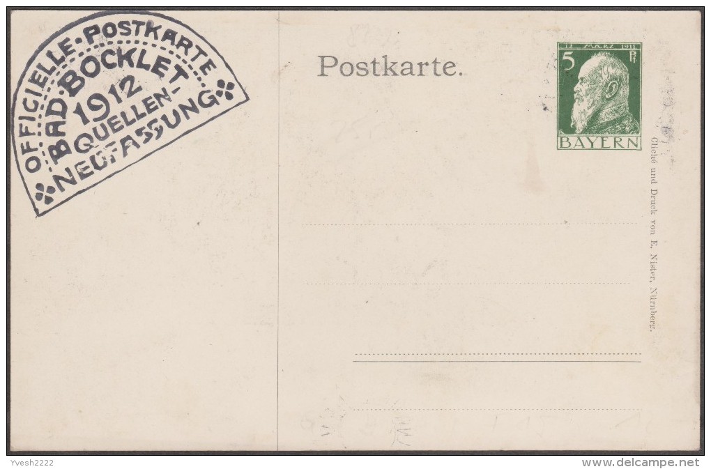 Bavière 1912. Carte Entier TSC. Officielle-postkarte Bad-Bocklet 1912, Quelle, Neufassung. Chevaux, Chiens, Thermalisme - Termalismo