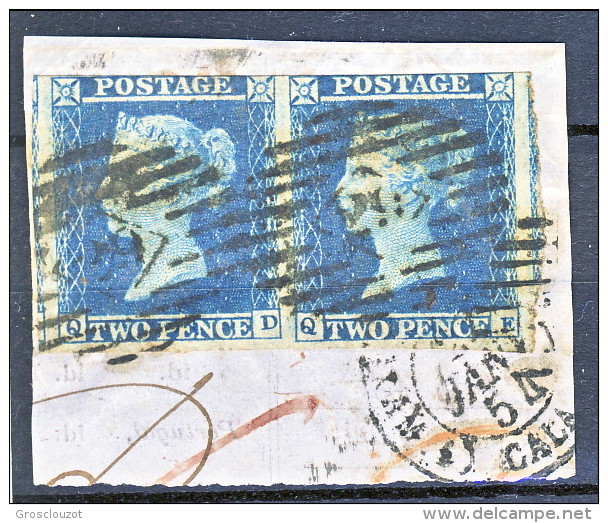 UK 1841 Victoria N. 4 - 2 Penny Azzurro Coppia Su Frammento, Lettere QD-QE, USATA - Gebraucht