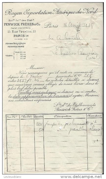 Lettre/Fabrique D´Instruments De Musique / Fenwick Fréres & Cie/Paris//Courbe/La Couture Boussey/Eure/1927   PART161 - Autres & Non Classés