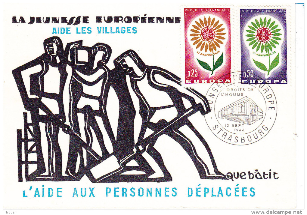 EUROPA  1964, Les Deux Timbres Sur Une Carte, Jeunesse Européenne, Aide Aux Personnes Déplacées Strasbourg - 1964