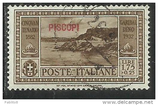 COLONIE ITALIANE: EGEO 1932 PISCOPI GARIBALDI LIRE 1,75 + CENT. 25 USATO USED OBLITERE´ - Egée (Piscopi)
