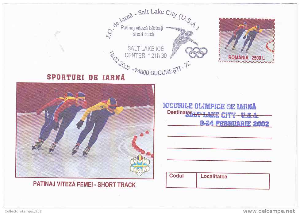 3547A  SALT LAKE CITY, ICE SKATING,2002 COVER STATIONERY OBLITERATION CONCORDANTE  ROMANIA. - Winter 2002: Salt Lake City