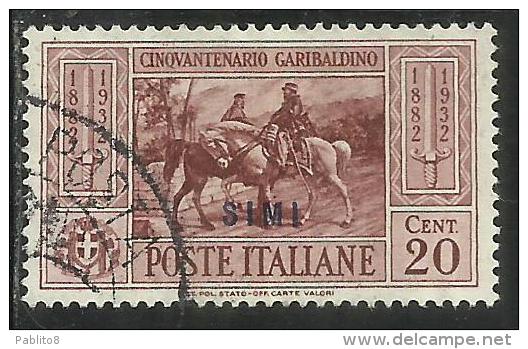 COLONIE ITALIANE: EGEO 1932 SIMI GARIBALDI CENT. 20 CENTESIMI USATO USED OBLITERE´ - Egée (Simi)