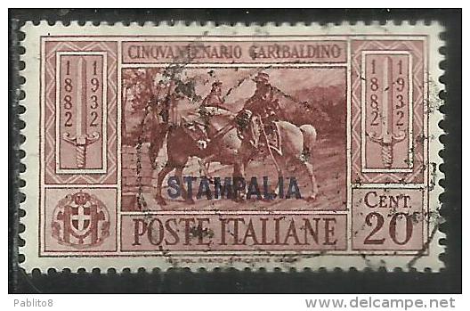 COLONIE ITALIANE: EGEO 1932 STAMPALIA GARIBALDI CENT. 20 CENTESIMI USATO USED OBLITERE´ - Aegean (Stampalia)