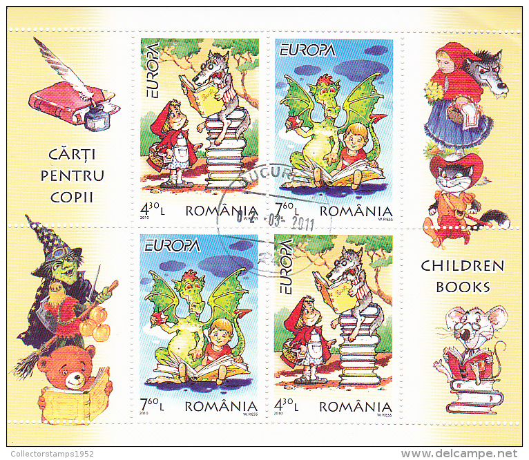 ROMANIA, 2010, CHILDREN BOOKS; Europa-CEPT,DISNEY, Fairy Tale,  Sheets; 4 Stamps/sheet, Model ,USED - 2010