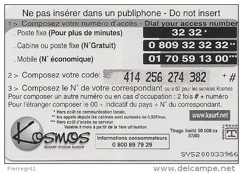 CARTE-PREPAYEE-KOSMOS-50 F -4 ELEMENTS-07/00-50000ex-V °Code GN-N°Lasers-GR ATTEE- T BE-RARE - Autres & Non Classés