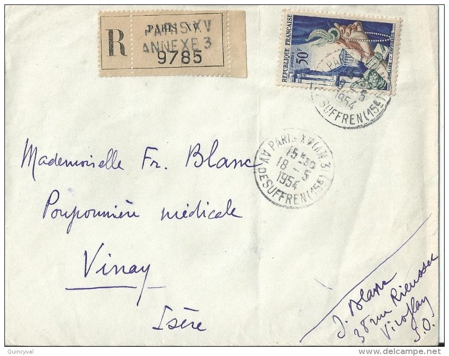 2721 PARIS XV ANNEXE 3 Lettre Recommandée 50 F Joaillerie Yv 973 Etiquette Griffe Annexe3 Ob 18 5 1954 - Storia Postale