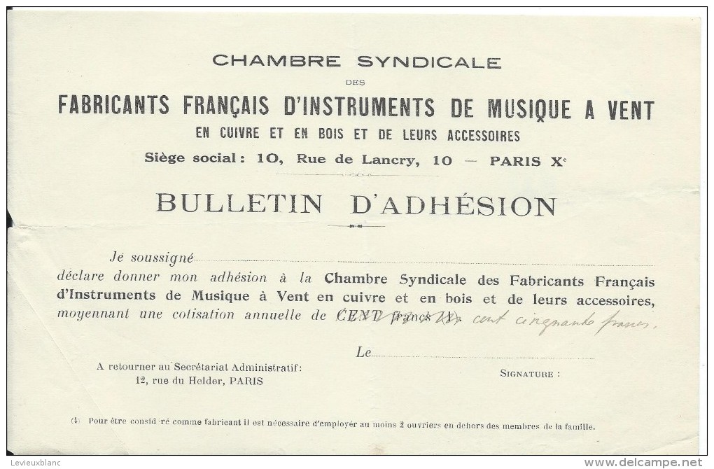 Bulletin D'Adhésion/Chambre Syndicale Fabricants Français De'Instruments De Musique à Vent/Vers 1925 PART172 - Andere & Zonder Classificatie