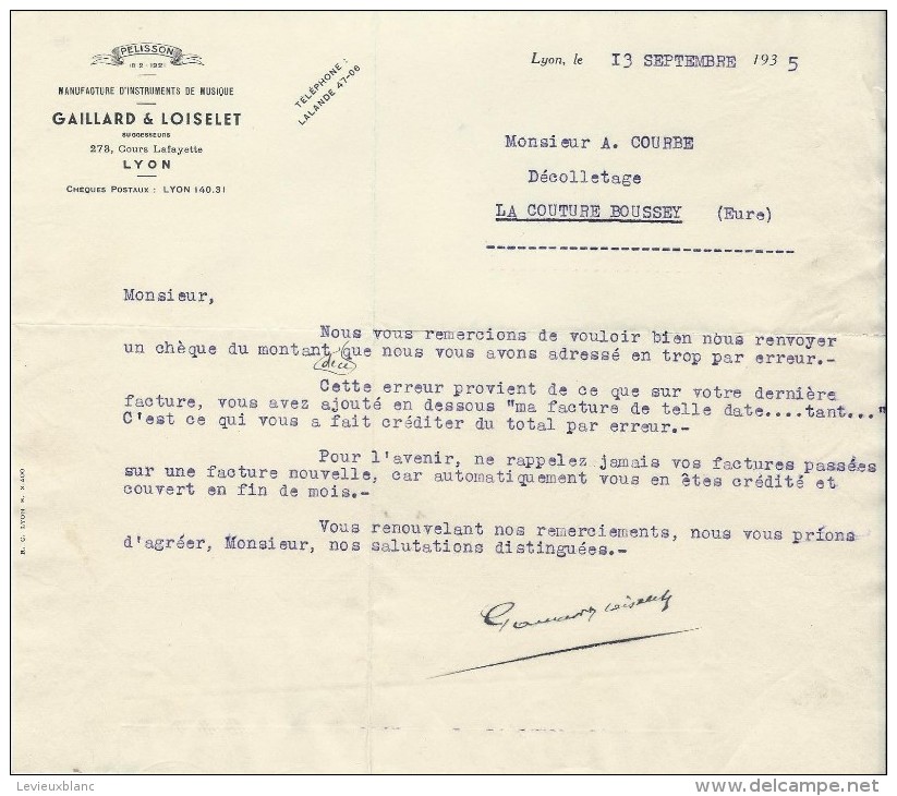 Lettre / Fabrique D´Instruments De Musique/GAILLARD & LOISELET/Lyon/Courbe/La Couture Boussey/1935   PART176 - Autres & Non Classés