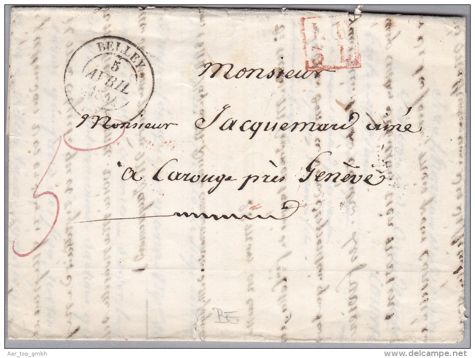 Heimat BE BELLEY 1844-04-05 Brief Nach Carouge "LF5D" Rot Im Kasten - ...-1845 Prephilately