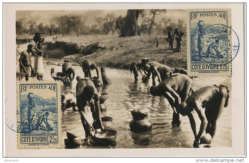 Haute Volta Koumi Femmes Lavant Les Calebasses Dans Le Marigot Carte Maximum 6 Timbres Abidjan 1943 - Burkina Faso