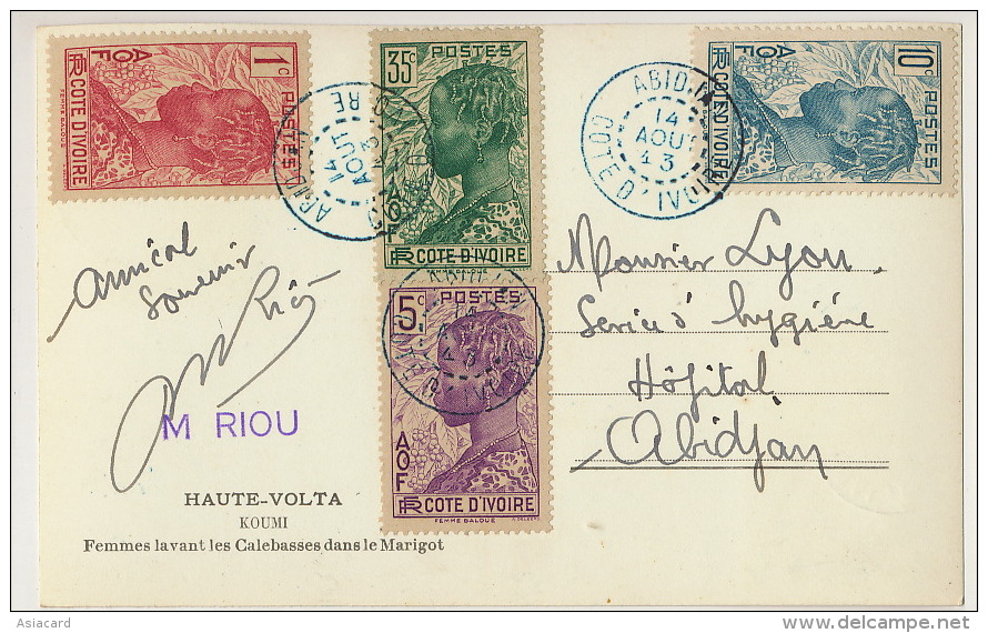 Haute Volta Koumi Femmes Lavant Les Calebasses Dans Le Marigot Carte Maximum 6 Timbres Abidjan 1943 - Burkina Faso