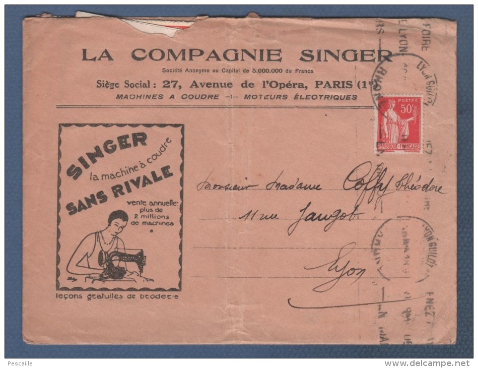 MACHINES A COUDRE LA COMPAGNIE SINGER PARIS 1934 - COUPONS DE REPARATION + COURRIER + ENVELOPPE TIMBREE - Andere & Zonder Classificatie