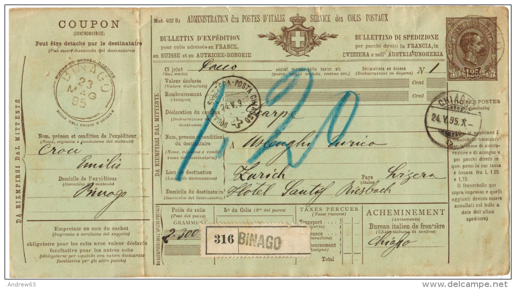 REGNO D'ITALIA - 1895 - PACCHI POSTALI - MOD. 402B) £ 1,25 BILINGUE - BULLETTINO DI SPEDIZIONE PER FRANCIA, SVIZZERA,... - Colis-postaux