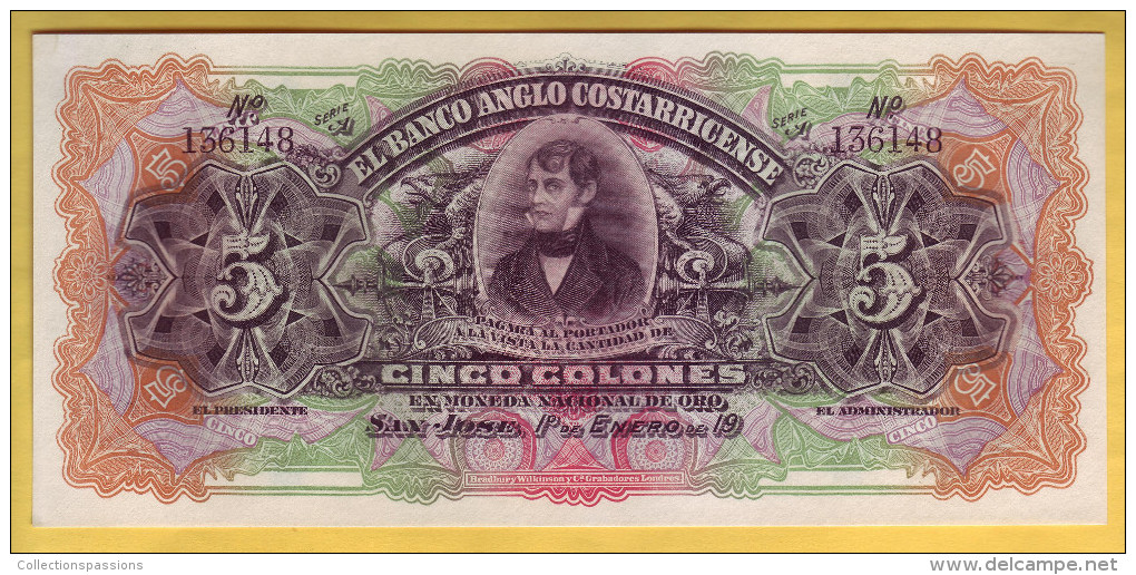 COSTA RICA - EL BANCO ANGLO COSTARRICENSE - Billet De 5 Colones. 19XX. Pick: S122. NEUF - Costa Rica